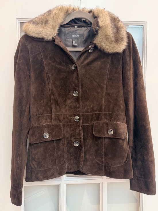 Alfani Jackets & Blazers - Vintage Alfani Y2K Chic Genuine Leather Brown Suede Jacket Faux Fur Collar Size